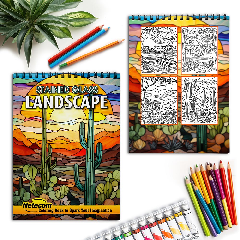 Netecom Stained Glass Landscape Spiral Coloring Book for Adults