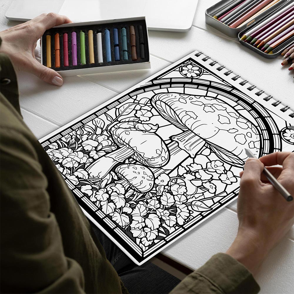 Netecom Stained Glass Mushroom Spiral Bound Coloring Book for Adults