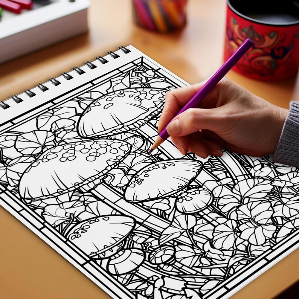Netecom Stained Glass Mushroom Coloring Book Spiral Bound for Adults