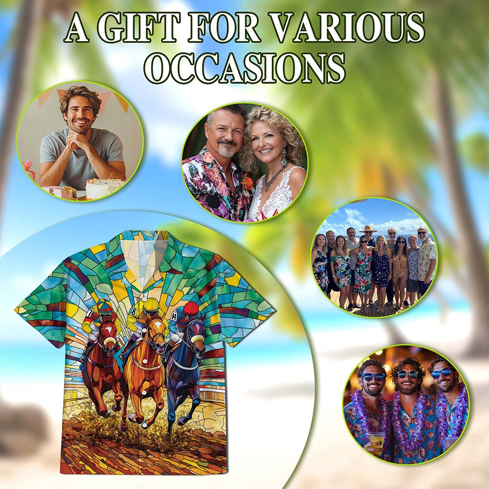 Netecom Stained Glass Racing Horse Hawaiian Shirt for Men, Button Down Summer Beach Short Sleeve, S-5XL