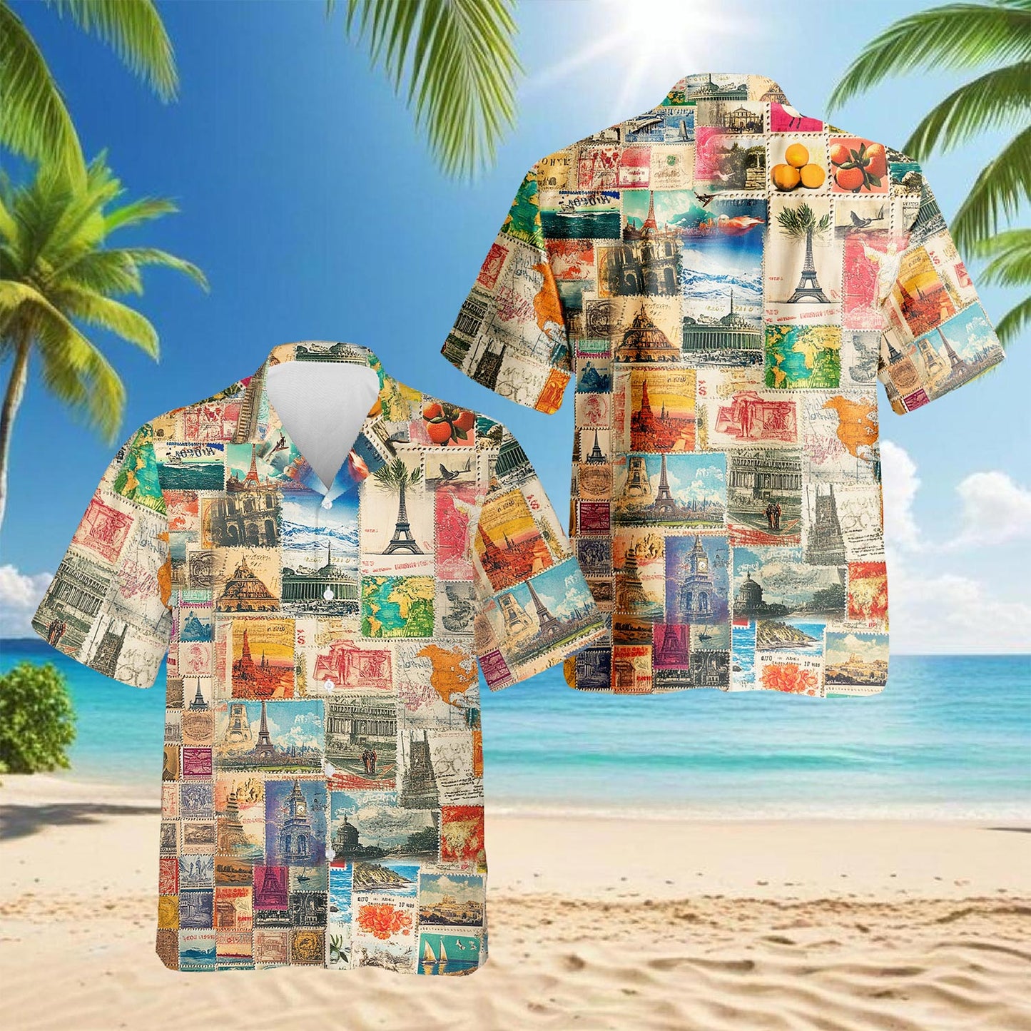 Netecom Stamps Collecting Hawaiian Shirt for Men, Button Down Summer Beach Short Sleeve, Retro Style, Sizes S-5XL