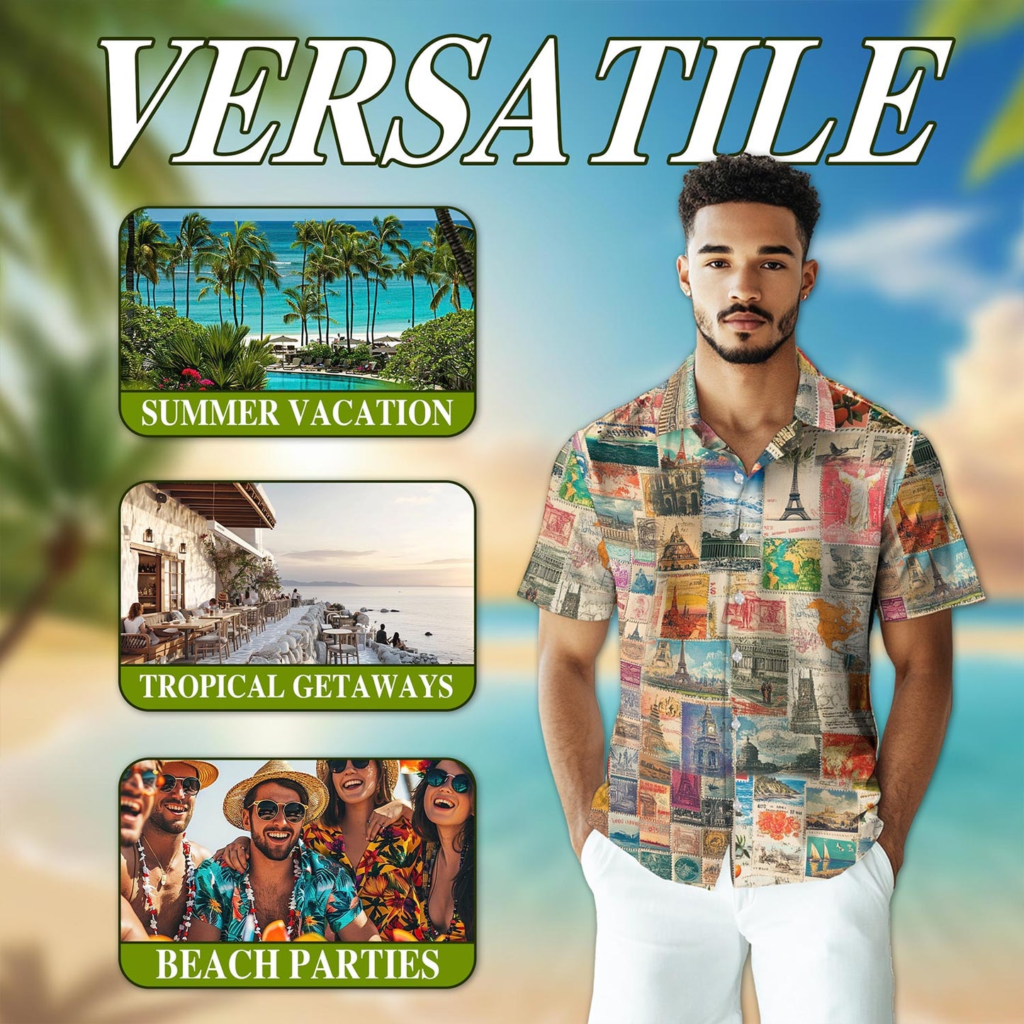 Netecom Stamps Collecting Hawaiian Shirt for Men, Button Down Summer Beach Short Sleeve, Retro Style, Sizes S-5XL