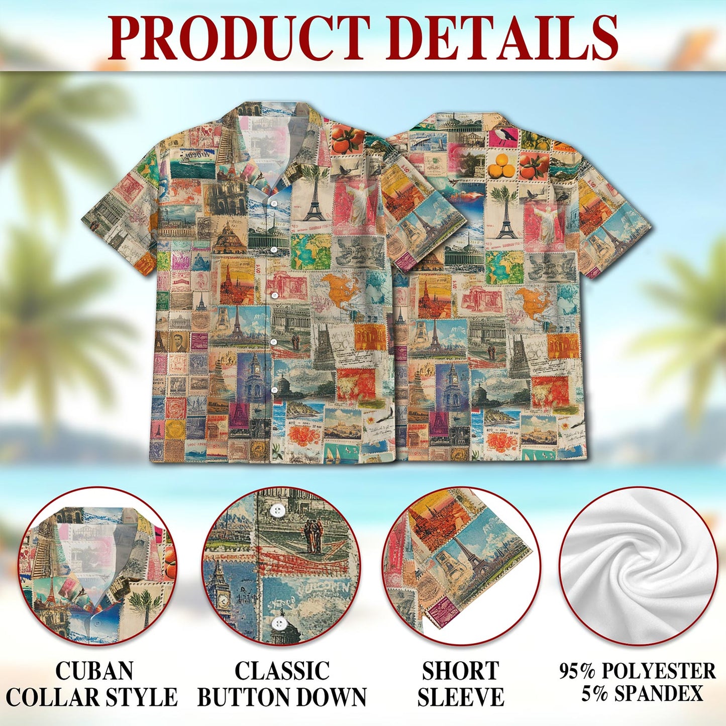 Netecom Stamps Collecting Hawaiian Shirt for Men, Button Down Summer Beach Short Sleeve, Retro Style, Sizes S-5XL