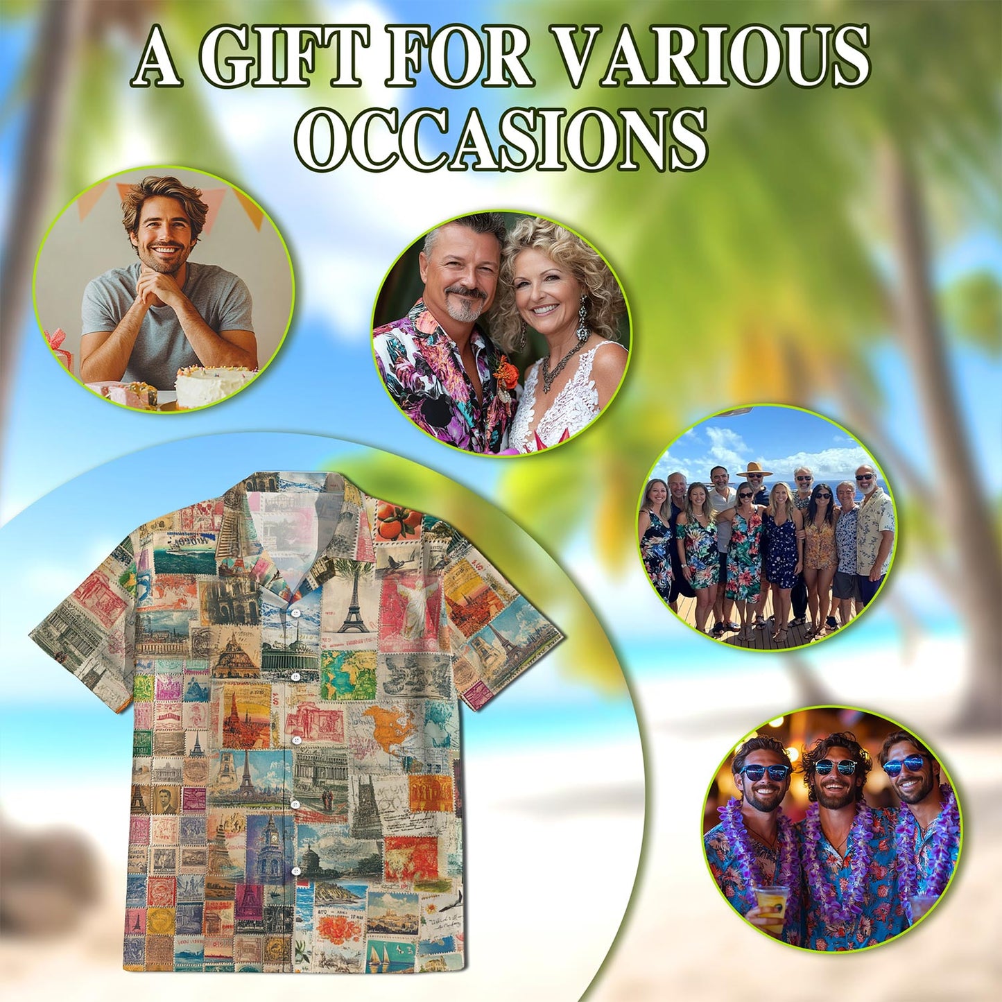 Netecom Stamps Collecting Hawaiian Shirt for Men, Button Down Summer Beach Short Sleeve, Retro Style, Sizes S-5XL