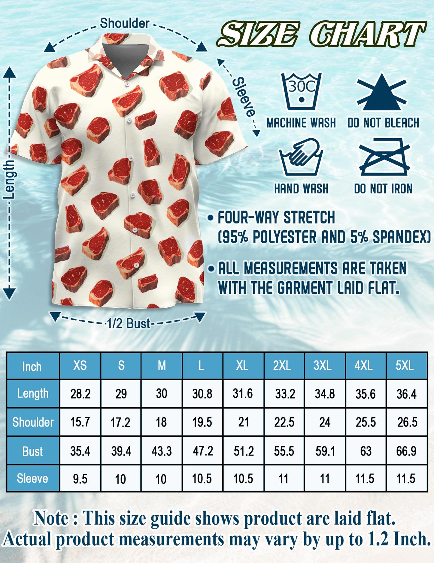 Netecom Steak Pattern Hawaiian Shirt for Men, Vintage Style, Button Down Summer Beach Short Sleeve, S-5XL