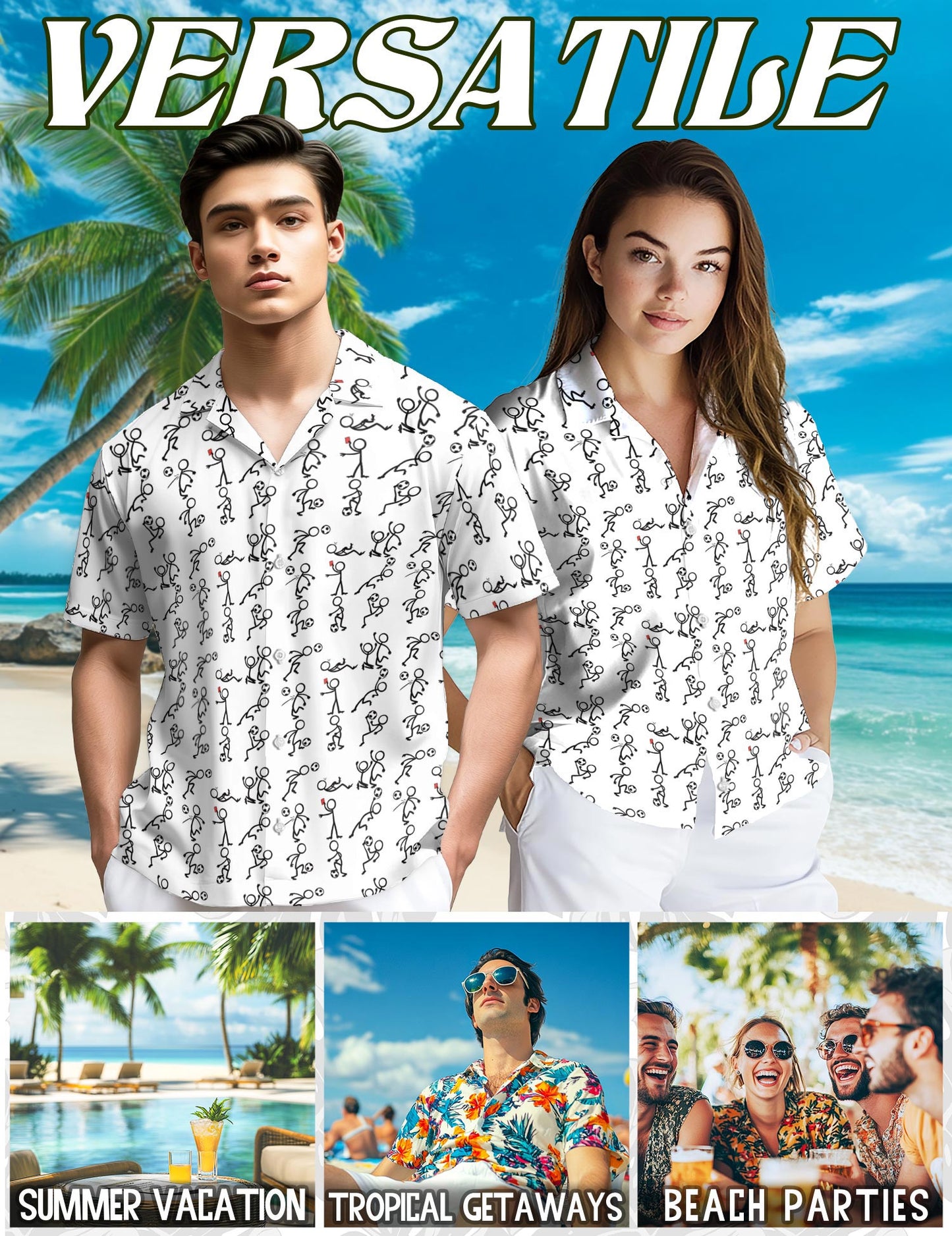 Netecom Stick Figures Playing Soccer Hawaiian Shirt for Men, Vintage Style, Button Down Summer Beach Short Sleeve, S-5XL