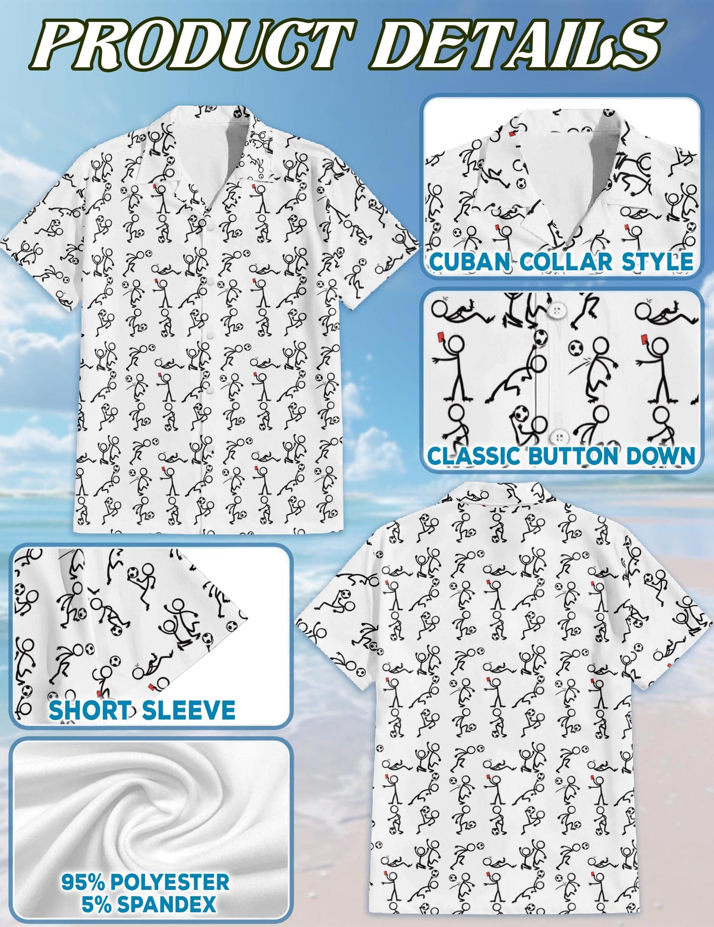 Netecom Stick Figures Playing Soccer Hawaiian Shirt for Men, Vintage Style, Button Down Summer Beach Short Sleeve, S-5XL