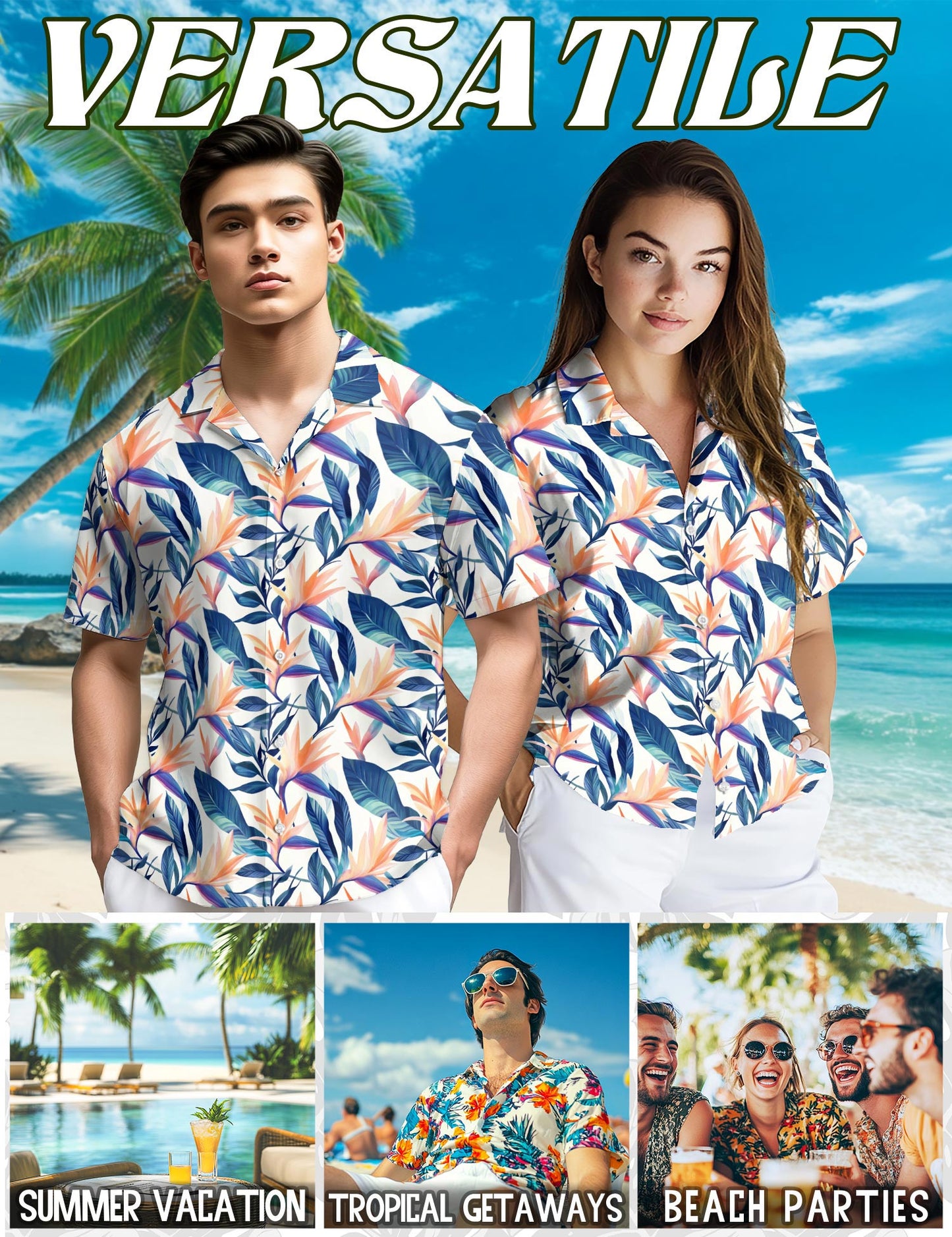 Netecom Strelitzia Hawaiian Shirt for Men, Tropical Style, Button Down Summer Beach Short Sleeve, S-5XL