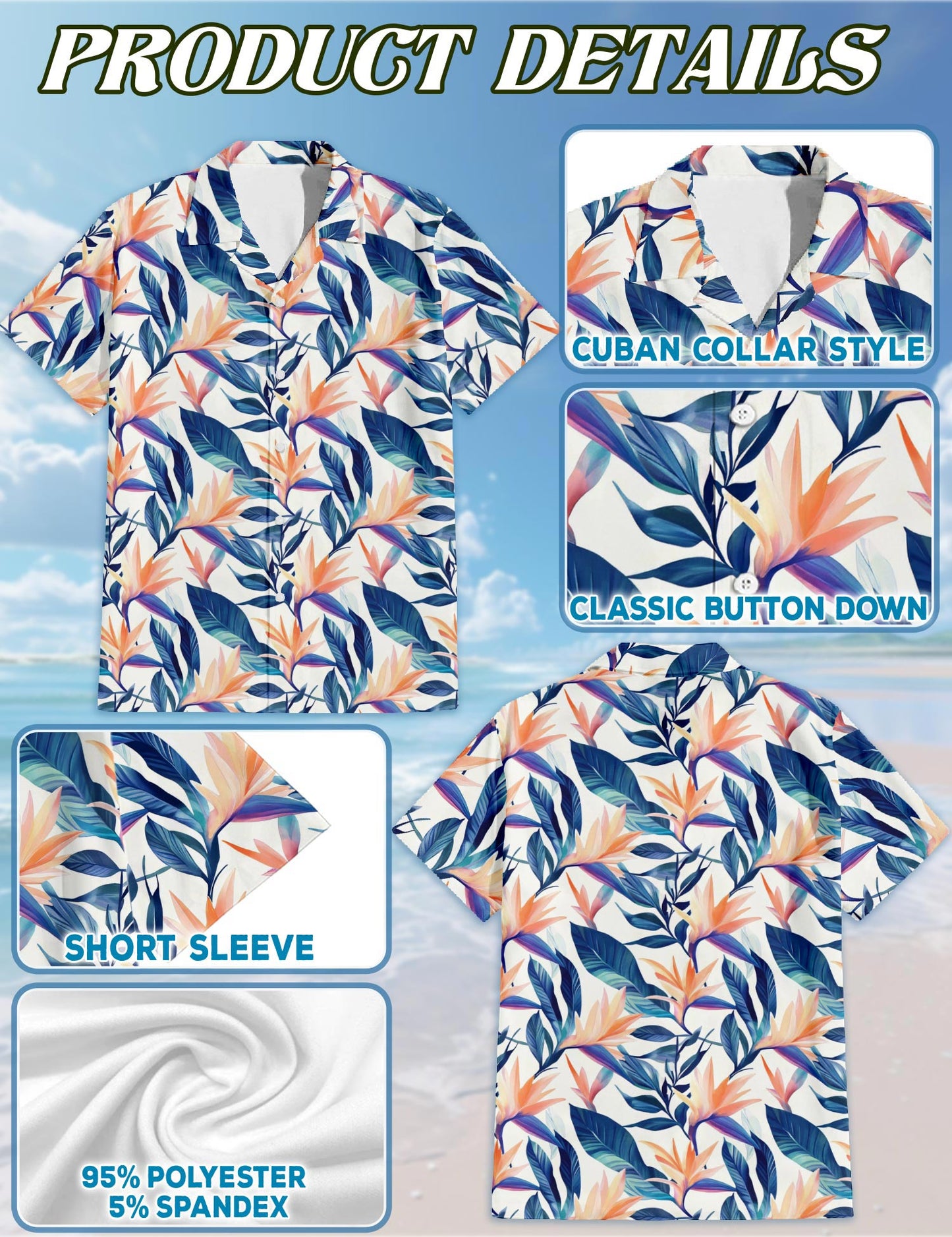 Netecom Strelitzia Hawaiian Shirt for Men, Tropical Style, Button Down Summer Beach Short Sleeve, S-5XL
