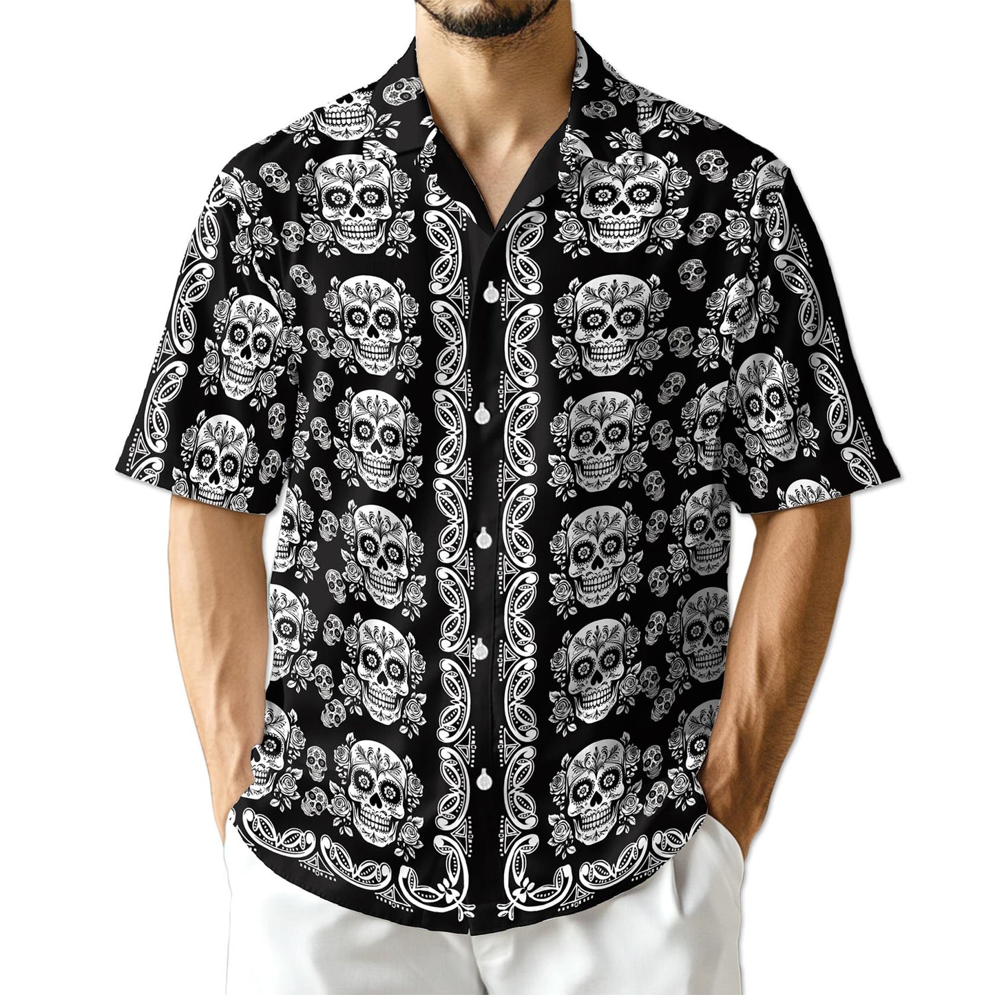 Netecom Sugar Skull Pattern Hawaiian Shirt for Men