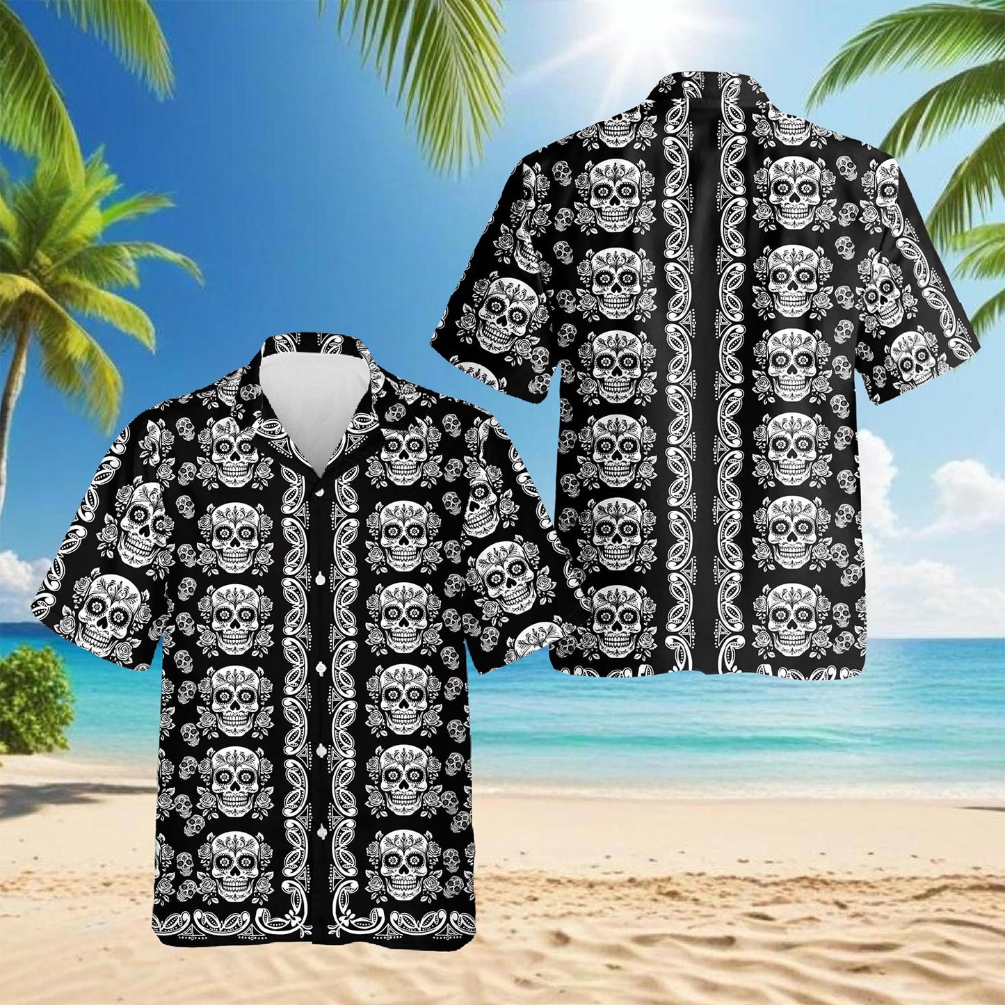 Netecom Sugar Skull Pattern Hawaiian Shirt for Men, Button Down Summer Beach Short Sleeve, Vintage Style, Sizes S-5XL