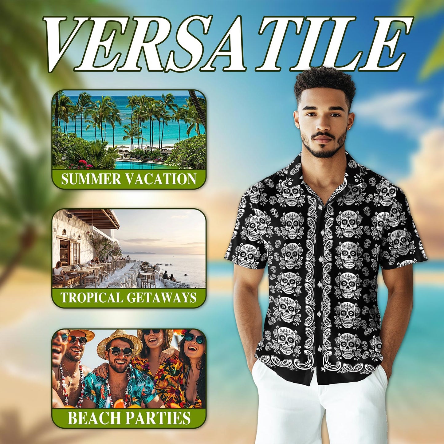 Netecom Sugar Skull Pattern Hawaiian Shirt for Men, Button Down Summer Beach Short Sleeve, Vintage Style, Sizes S-5XL