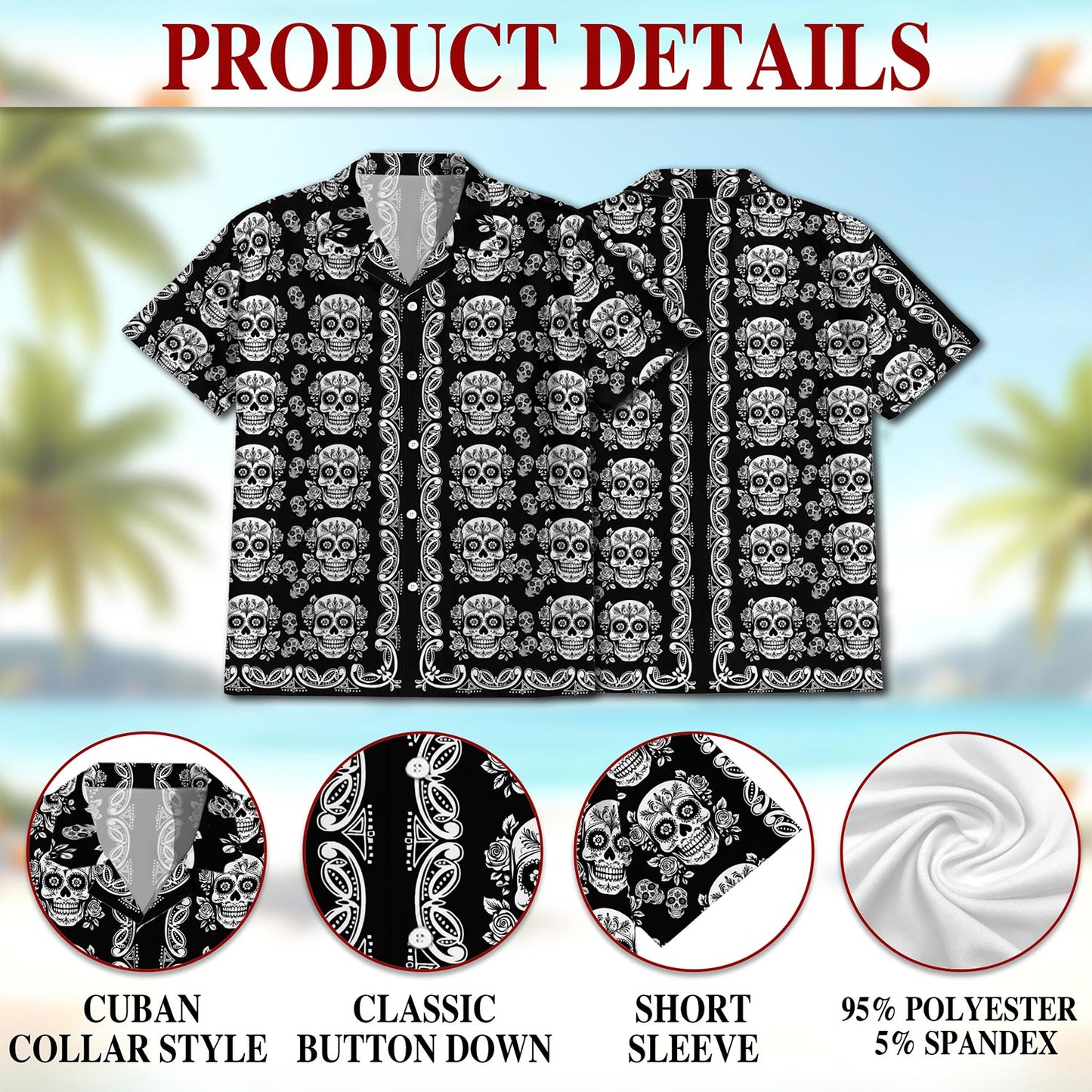 Netecom Sugar Skull Pattern Hawaiian Shirt for Men, Button Down Summer Beach Short Sleeve, Vintage Style, Sizes S-5XL