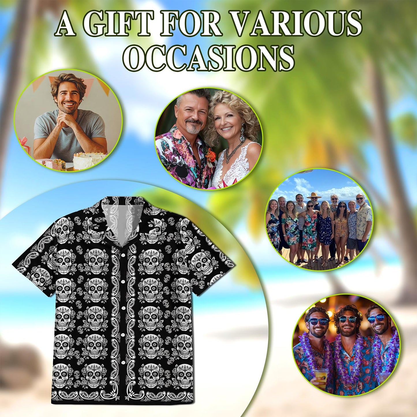 Netecom Sugar Skull Pattern Hawaiian Shirt for Men, Button Down Summer Beach Short Sleeve, Vintage Style, Sizes S-5XL