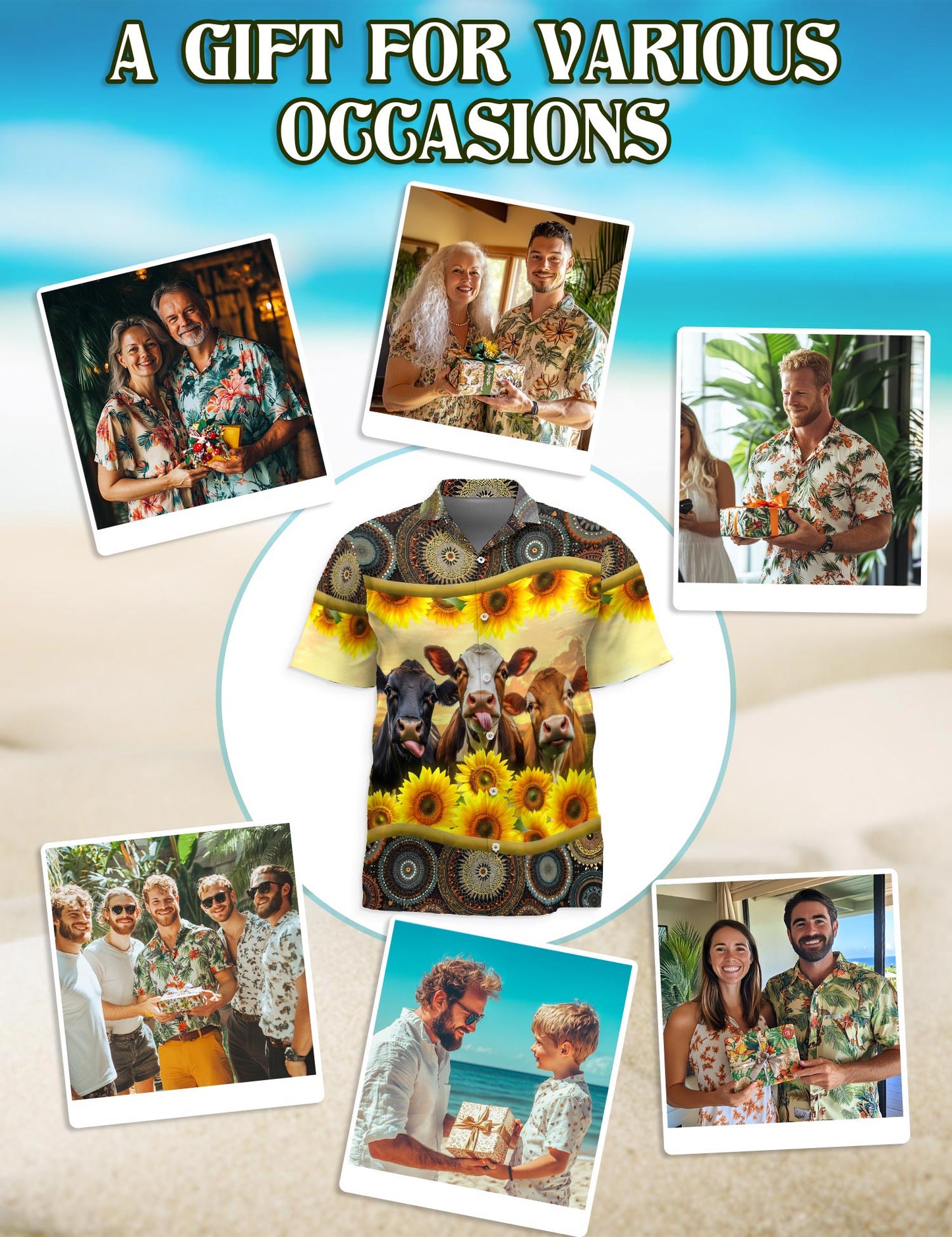 Netecom Sunflower Cattle Hawaiian Shirt for Men, Country Farm Style, Button Down Summer Beach Short Sleeve, S-5XL
