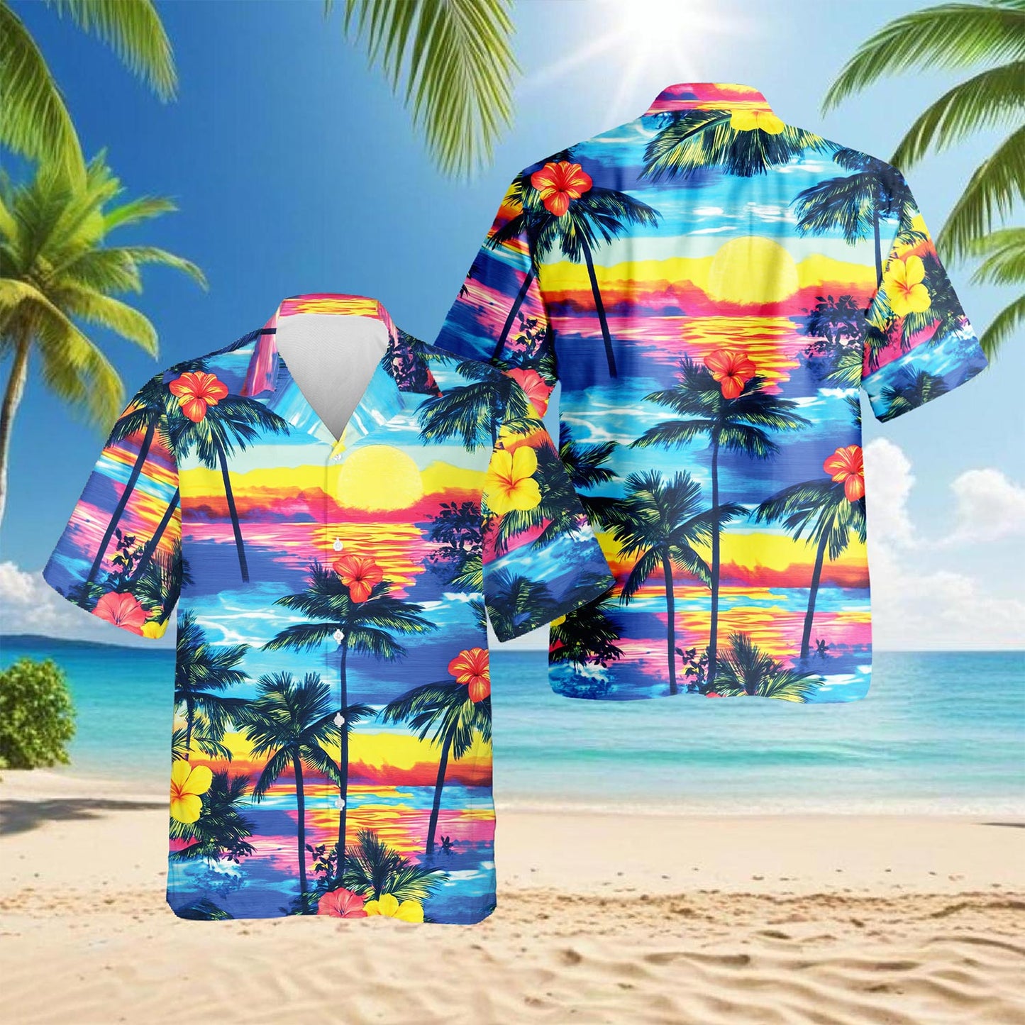 Netecom Sunset Hawaiian Shirt for Men, Button Down Summer Beach Short Sleeve, Tropical Style, Sizes S-5XL