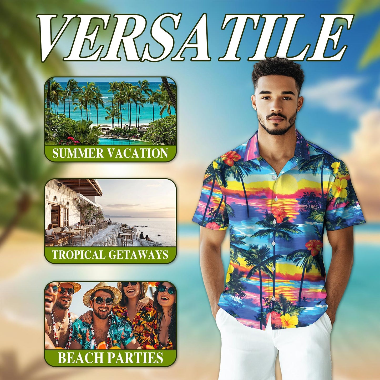 Netecom Sunset Hawaiian Shirt for Men, Button Down Summer Beach Short Sleeve, Tropical Style, Sizes S-5XL