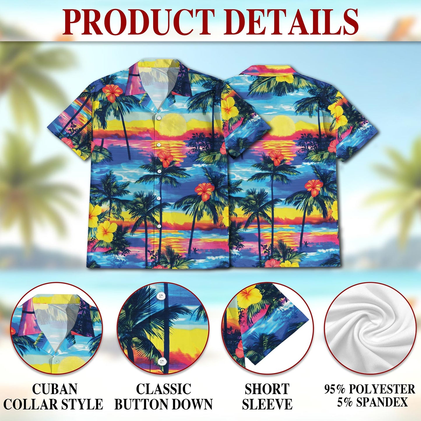 Netecom Sunset Hawaiian Shirt for Men, Button Down Summer Beach Short Sleeve, Tropical Style, Sizes S-5XL