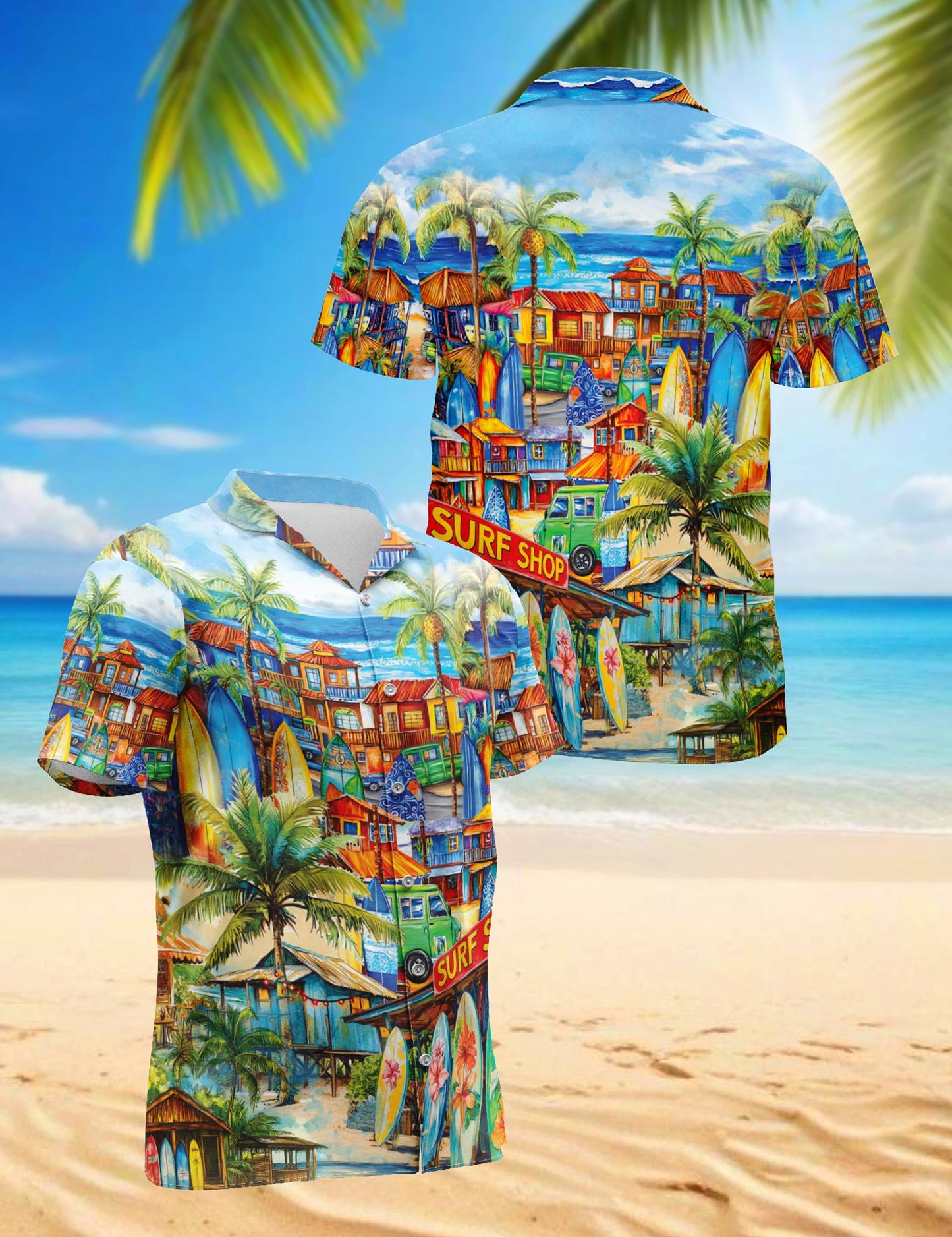 Netecom Surfboard And Surf Shack Hawaiian Shirt for Men, Tropical Style, Button Down Summer Beach Short Sleeve, S-5XL