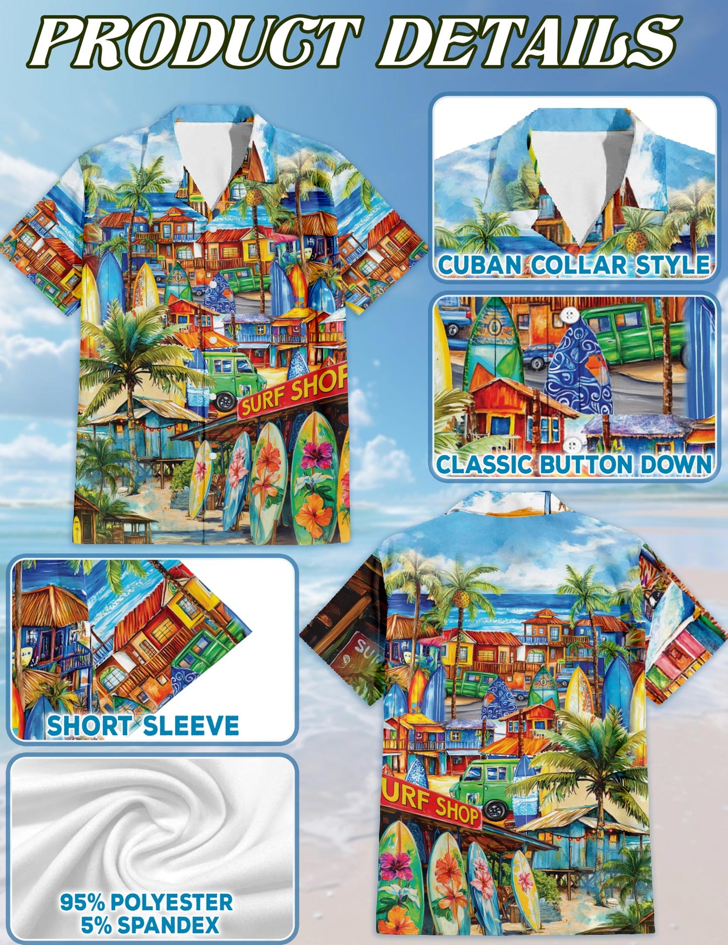 Netecom Surfboard And Surf Shack Hawaiian Shirt for Men, Tropical Style, Button Down Summer Beach Short Sleeve, S-5XL