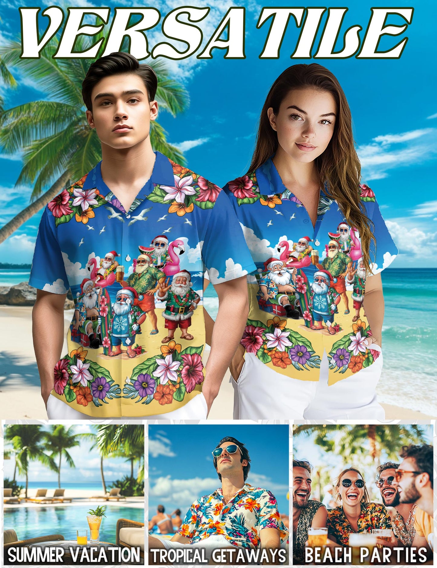 Netecom Surfing Santa Hawaiian Shirt for Men, Funny Style, Button Down Summer Beach Short Sleeve, S-5XL