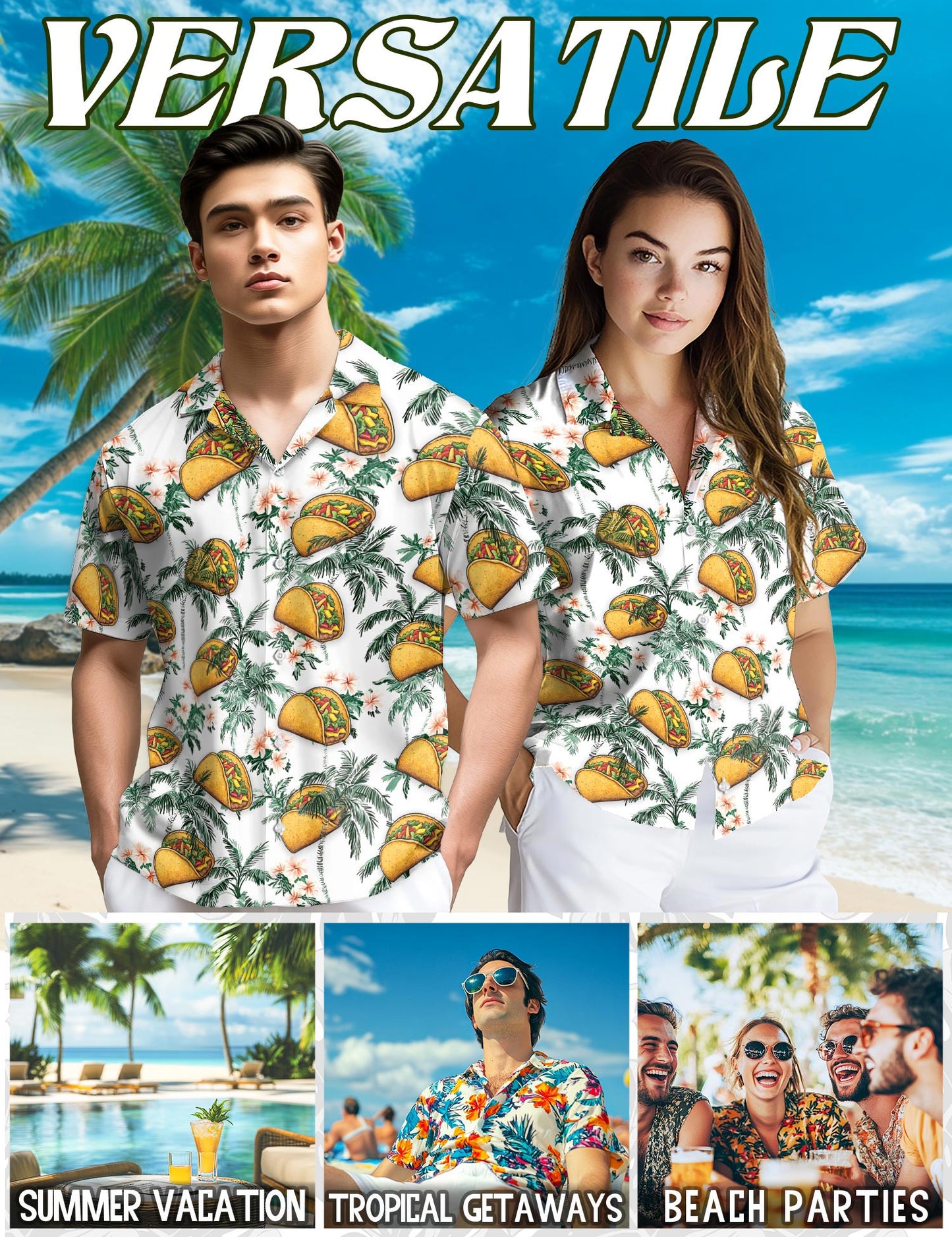 Netecom Taco Pattern Hawaiian Shirt for Men, Tropical Style, Button Down Summer Beach Short Sleeve, S-5XL