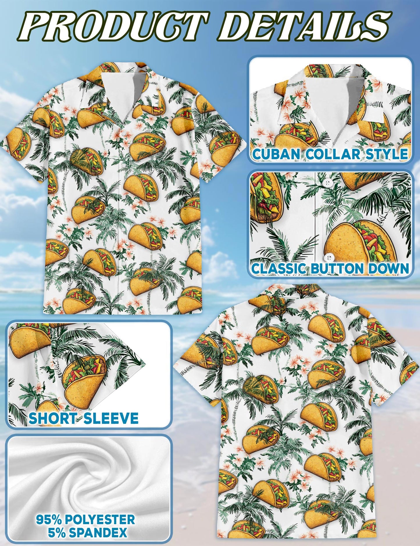 Netecom Taco Pattern Hawaiian Shirt for Men, Tropical Style, Button Down Summer Beach Short Sleeve, S-5XL