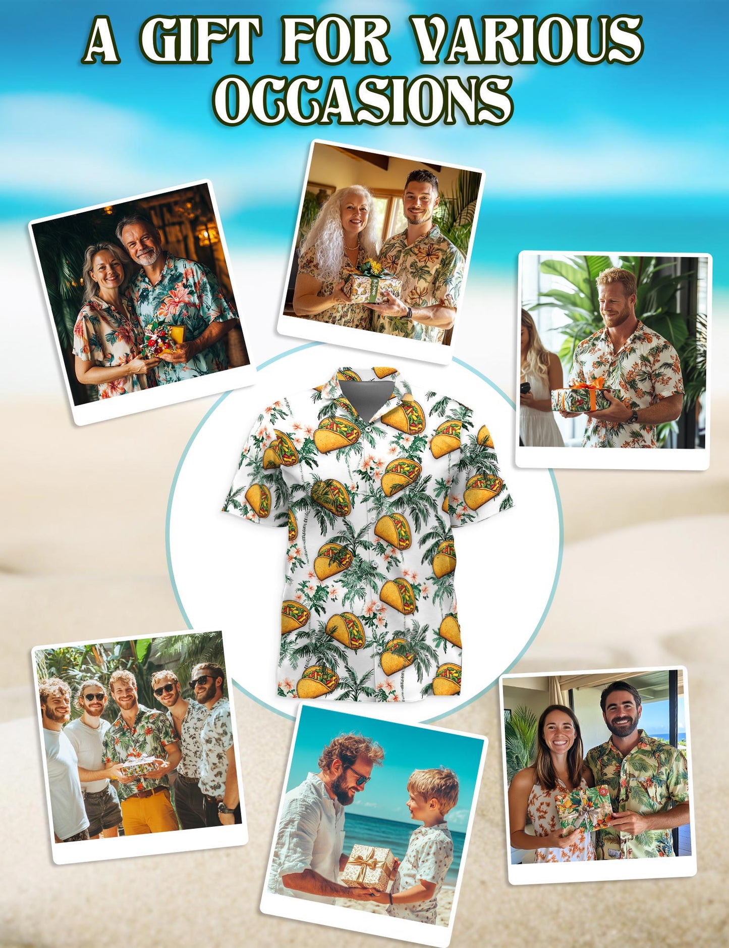 Netecom Taco Pattern Hawaiian Shirt for Men, Tropical Style, Button Down Summer Beach Short Sleeve, S-5XL