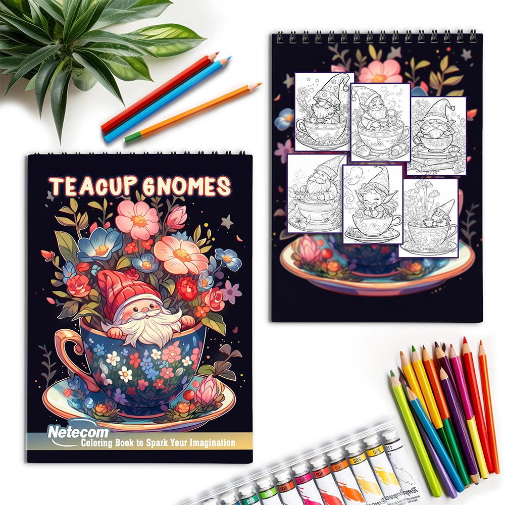 Netecom Teacup Gnomes Coloring Book Spiral Bound for Adults