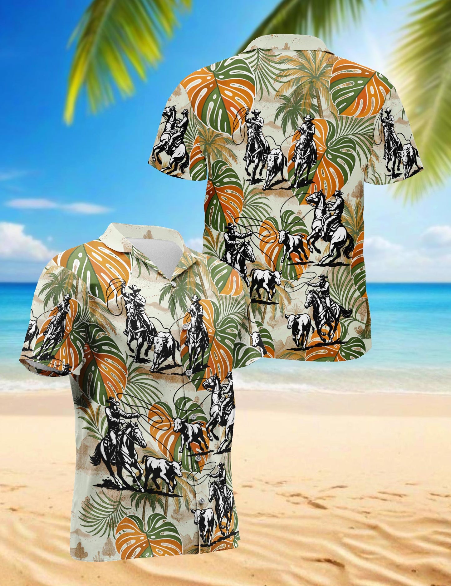 Netecom Team Roping Colorful Leaves Tropical Hawaiian Shirt for Men, Western Aloha Rodeo Style, Button Down Summer Beach Short Sleeve, S-5XL