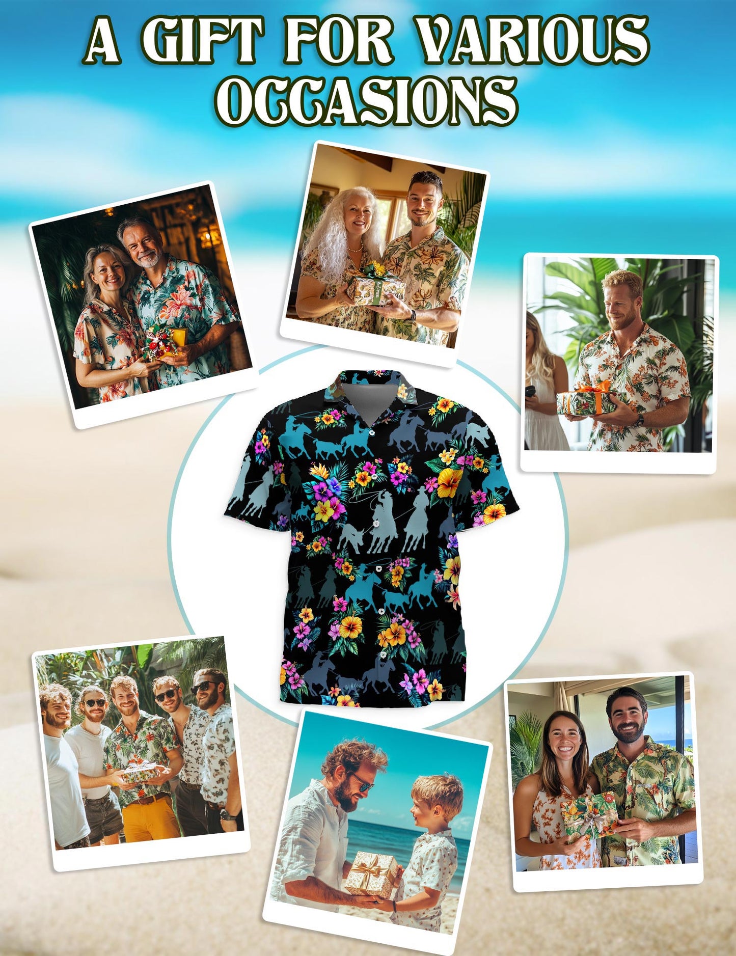 Netecom Team Roping Hawaiian Shirt for Men, Tropical Style, Button Down Summer Beach Short Sleeve, S-5XL