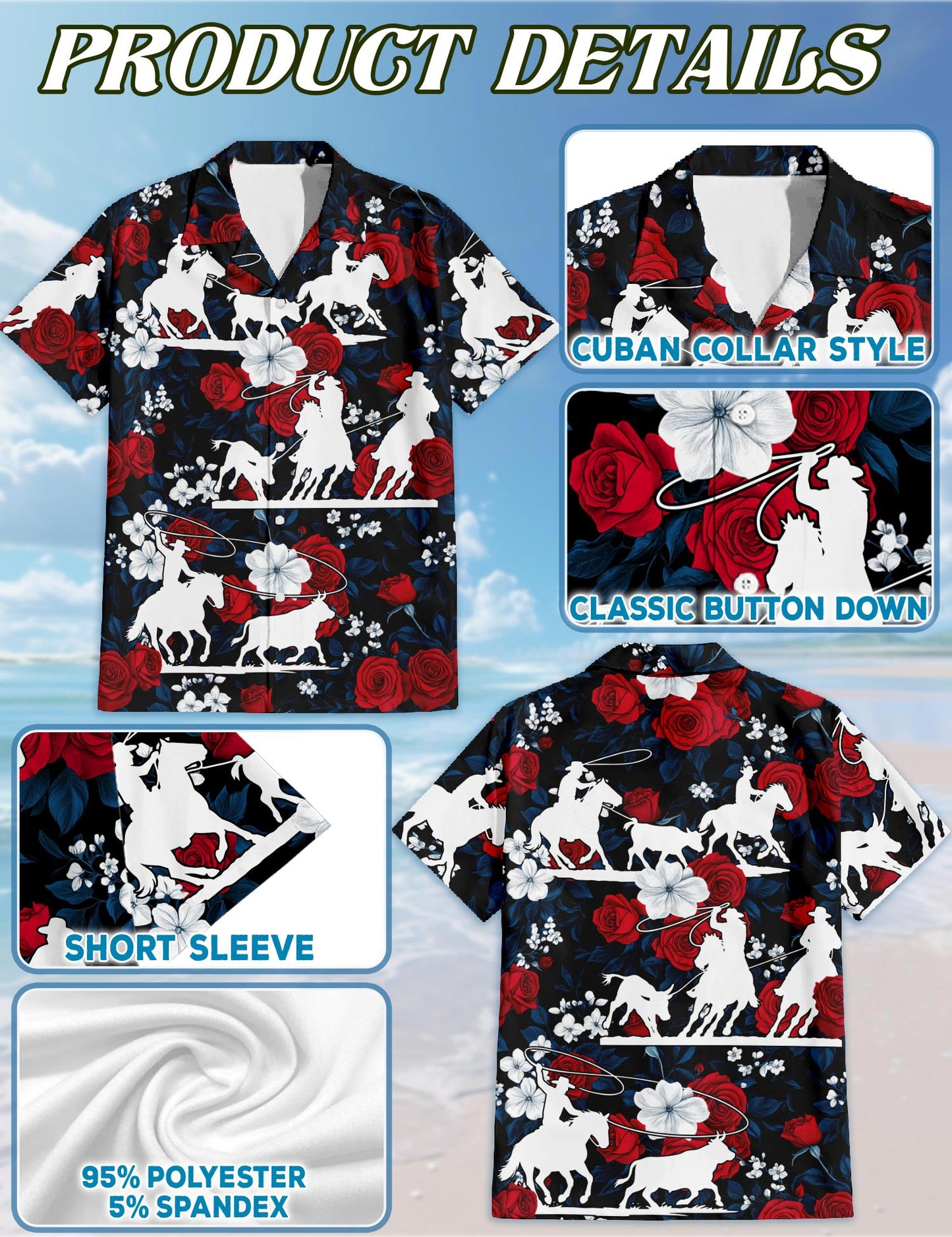 Netecom Team Roping Red Rose Hawaiian Shirt for Men, Western Cowboy Rodeo Style, Button Down Summer Beach Short Sleeve, S-5XL