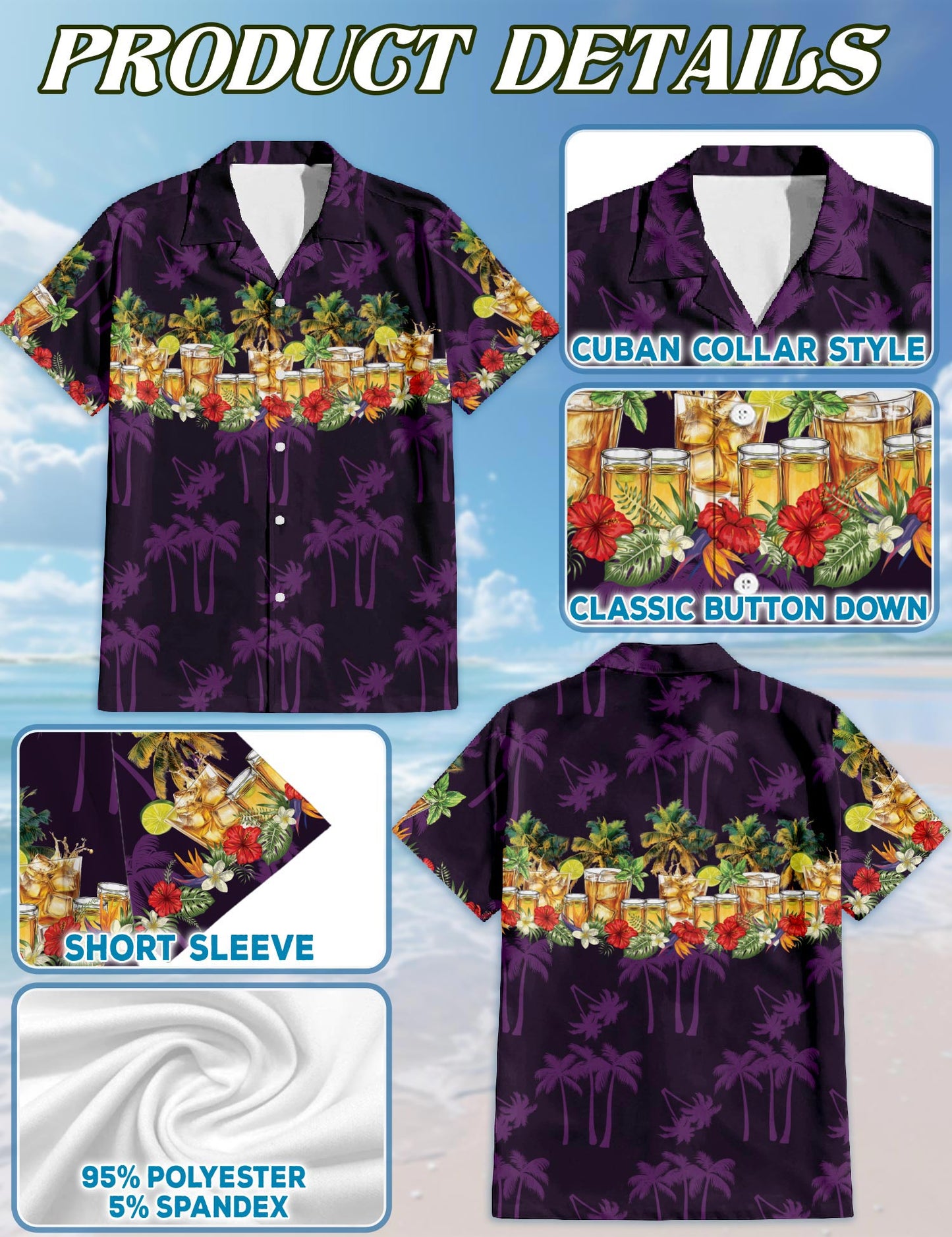Netecom Tequila Hawaiian Shirt for Men, Tropical Style, Button Down Summer Beach Short Sleeve, S-5XL