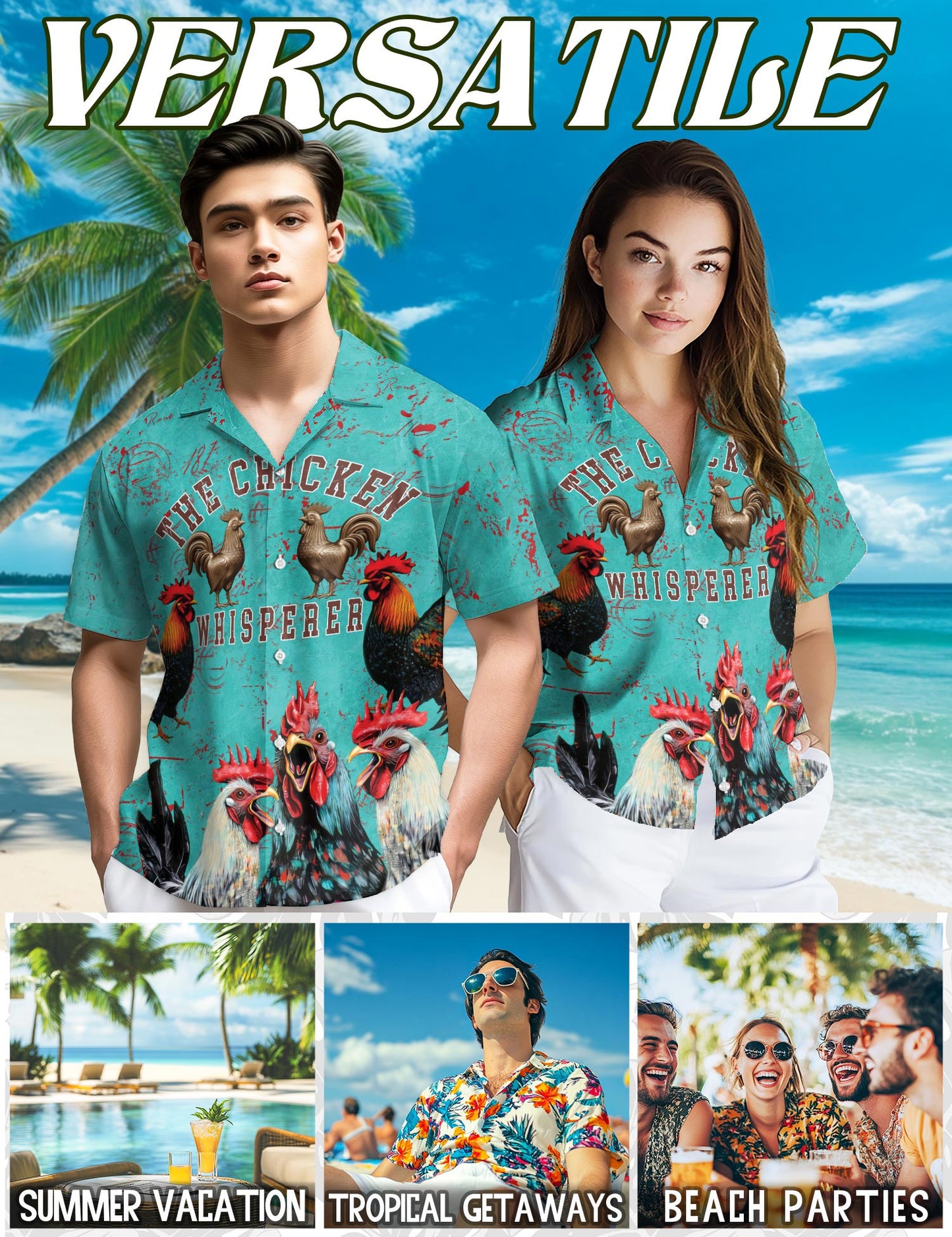 Netecom The Chicken Whisperer Hawaiian Shirt for Men, Button Down Summer Beach Short Sleeve, Sizes S-5XL