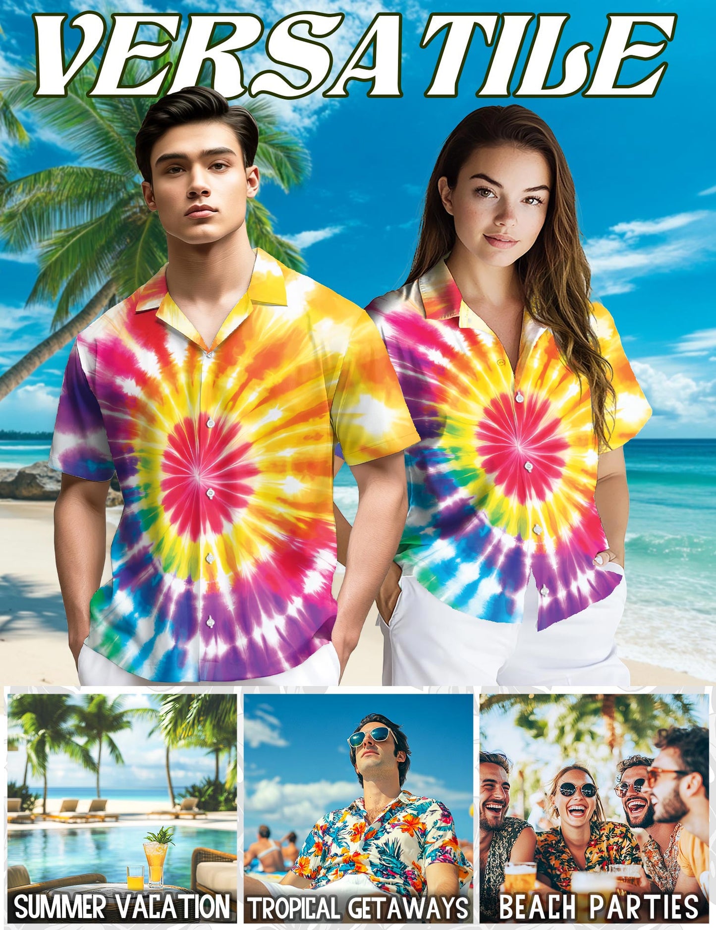 Netecom Tie Dye Hawaiian Shirt for Men, Button Down Summer Beach Short Sleeve, Sizes S-5XL