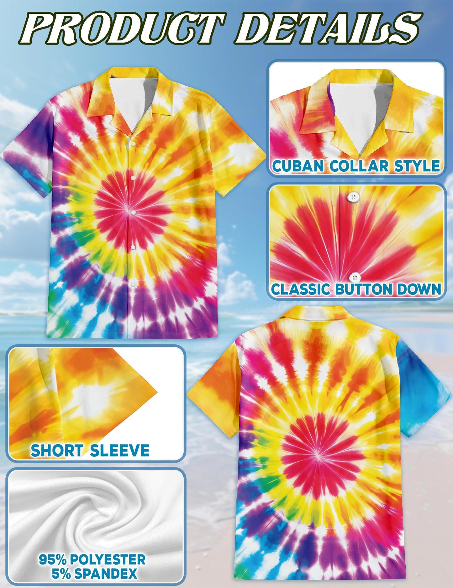 Netecom Tie Dye Hawaiian Shirt for Men, Button Down Summer Beach Short Sleeve, Sizes S-5XL