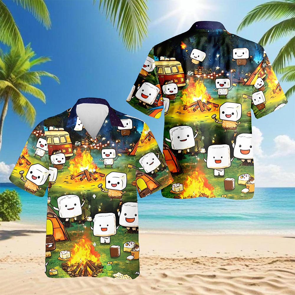 Netecom Toasted Marshmallow Camping Hawaiian Shirt for Men, Cute Camper Gifts, Button Down Summer Beach Short Sleeve, S-5XL