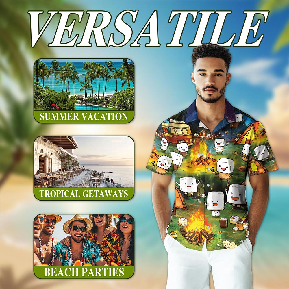 Netecom Toasted Marshmallow Camping Hawaiian Shirt for Men, Cute Camper Gifts, Button Down Summer Beach Short Sleeve, S-5XL