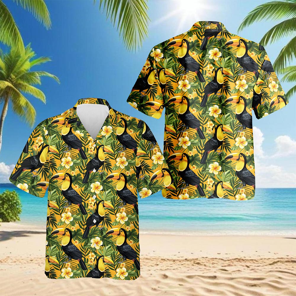 Netecom Toucan Hawaiian Shirt for Men, Tropical Style, Button Down Summer Beach Short Sleeve, S-5XL