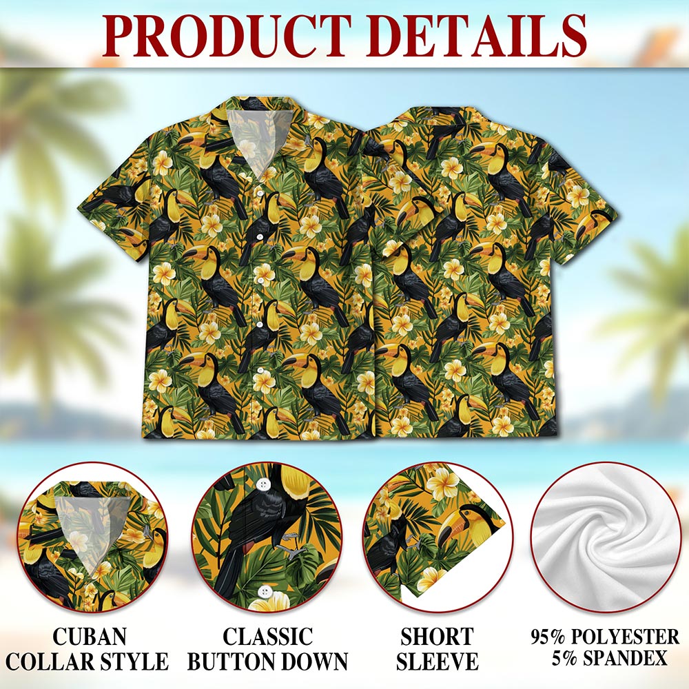 Netecom Toucan Hawaiian Shirt for Men, Tropical Style, Button Down Summer Beach Short Sleeve, S-5XL