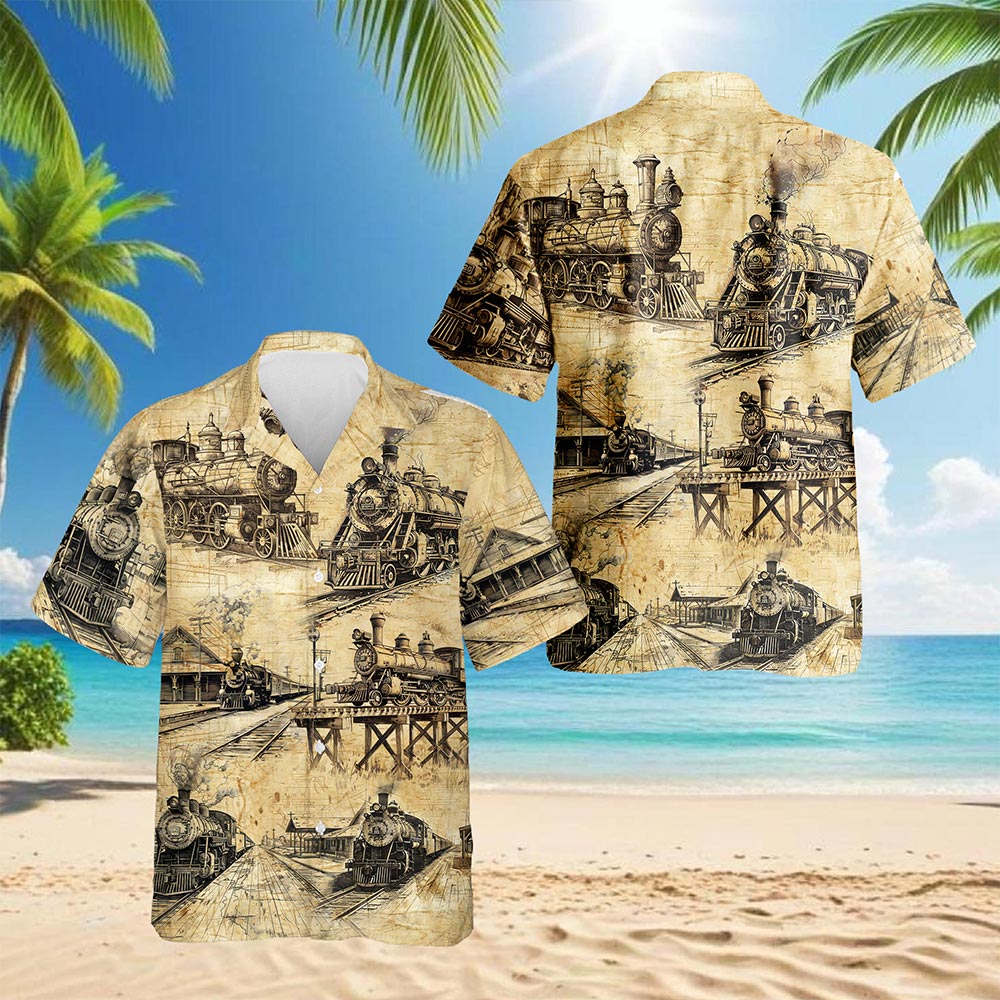 Netecom Train Locomotive Engineer Hawaiian Shirt for Men, Vintage Railway Button Down Summer Beach Short Sleeve Shirts, S-5XL