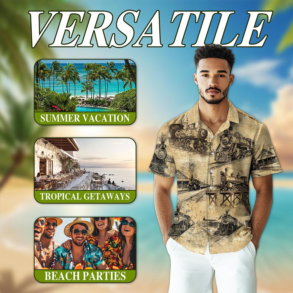 Netecom Train Locomotive Engineer Hawaiian Shirt for Men, Vintage Railway Button Down Summer Beach Short Sleeve Shirts, S-5XL