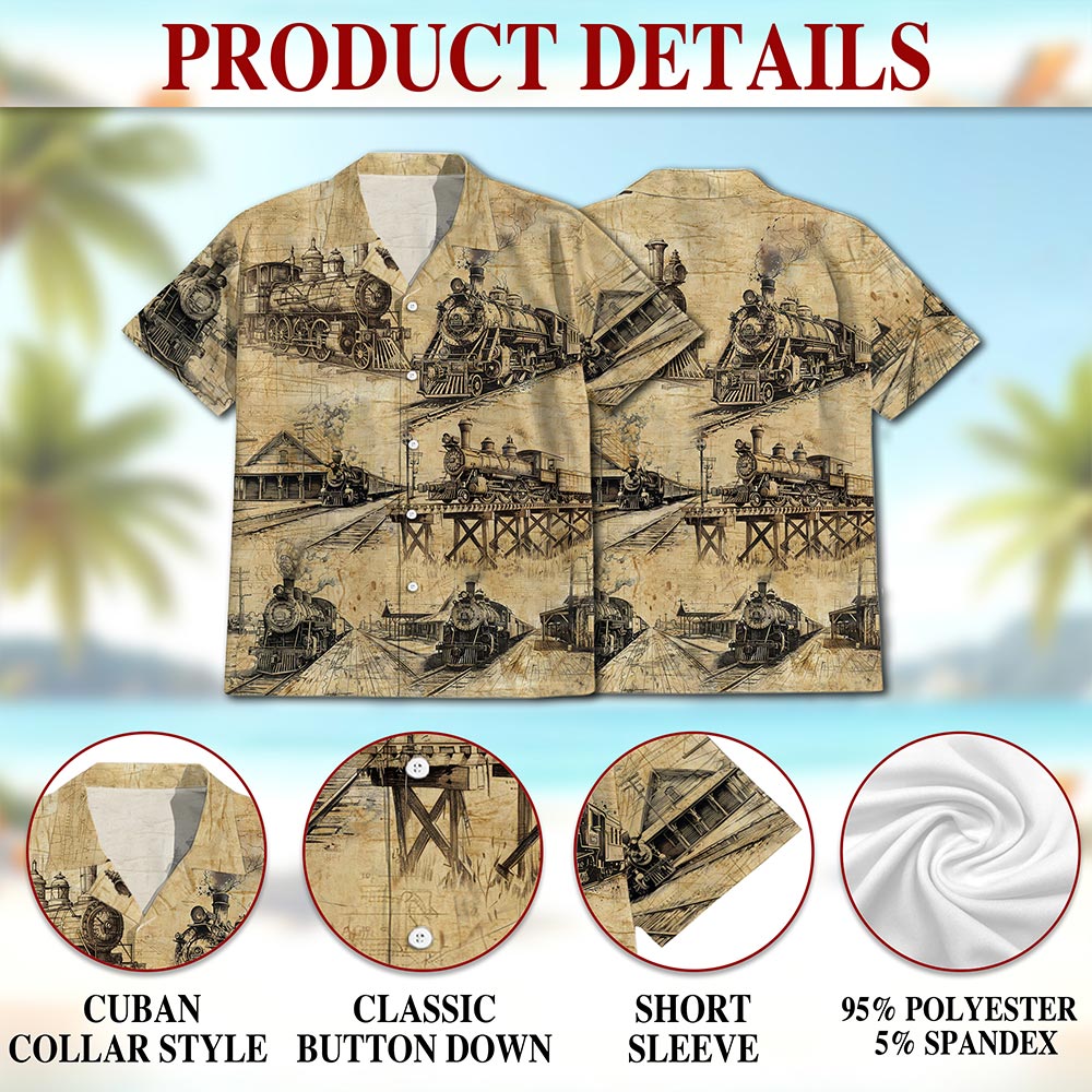 Netecom Train Locomotive Engineer Hawaiian Shirt for Men, Vintage Railway Button Down Summer Beach Short Sleeve Shirts, S-5XL