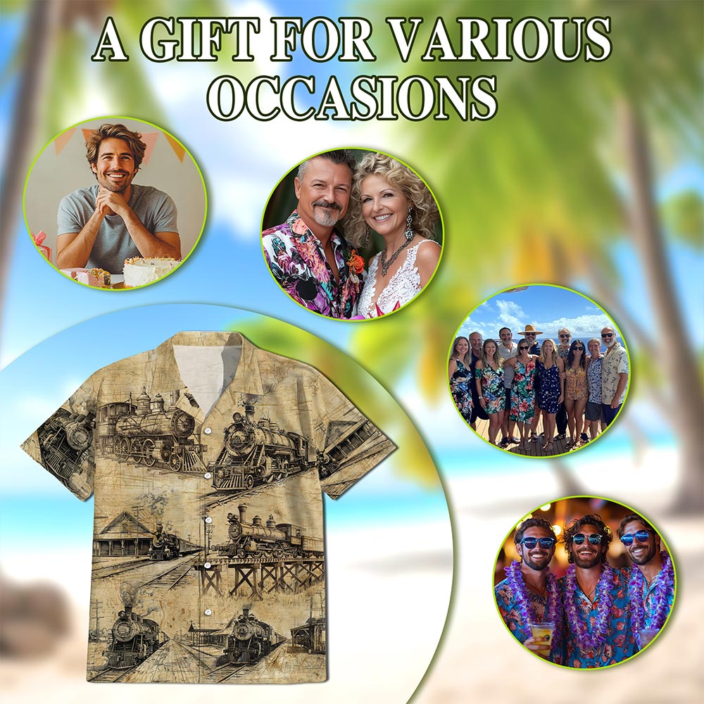 Netecom Train Locomotive Engineer Hawaiian Shirt for Men, Vintage Railway Button Down Summer Beach Short Sleeve Shirts, S-5XL
