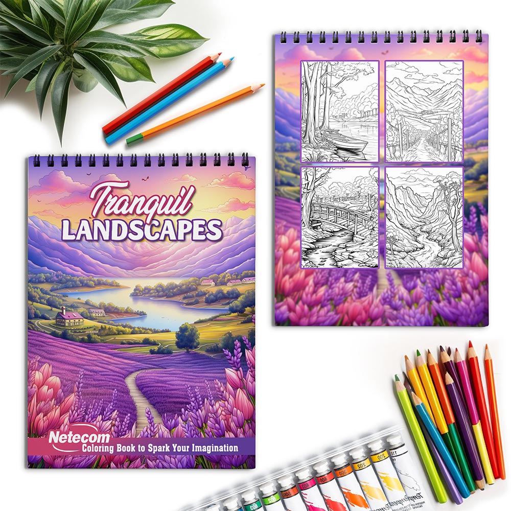 Netecom Tranquil Landscapes Spiral Coloring Book for Adults