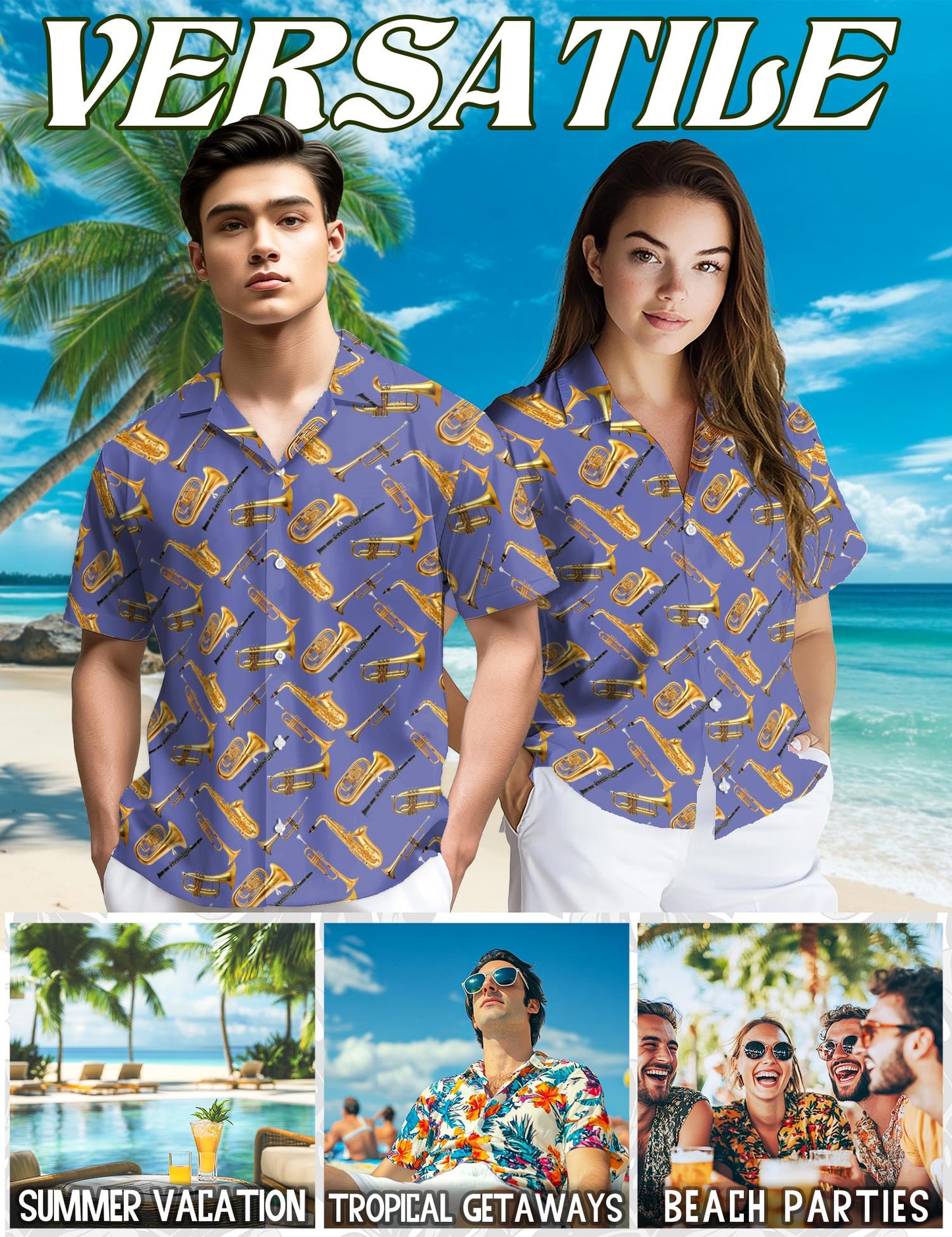 Netecom Trombone Pattern Hawaiian Shirt for Men, Musical Instruments Button Down Summer Beach Short Sleeve Shirts, S-5XL