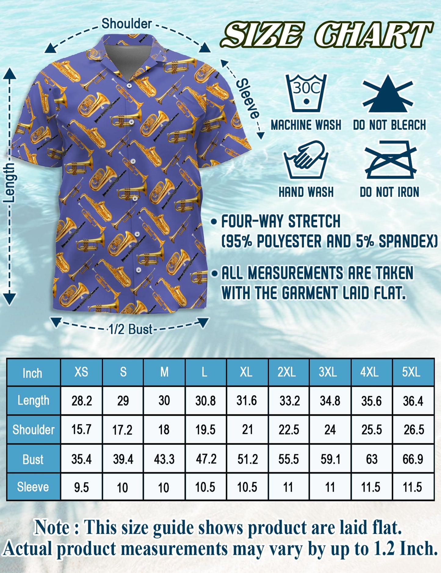 Netecom Trombone Pattern Hawaiian Shirt for Men, Musical Instruments Button Down Summer Beach Short Sleeve Shirts, S-5XL