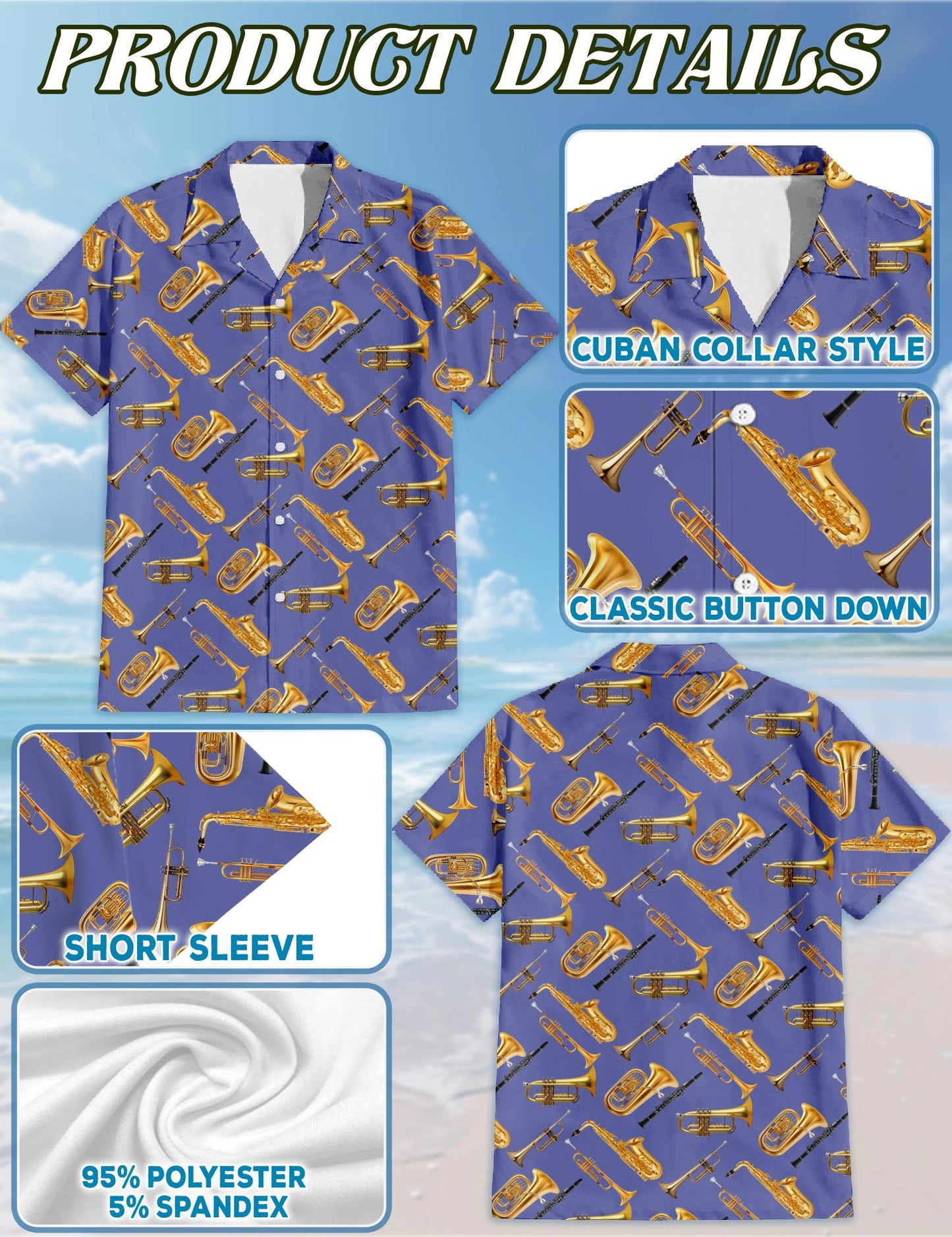 Netecom Trombone Pattern Hawaiian Shirt for Men, Musical Instruments Button Down Summer Beach Short Sleeve Shirts, S-5XL