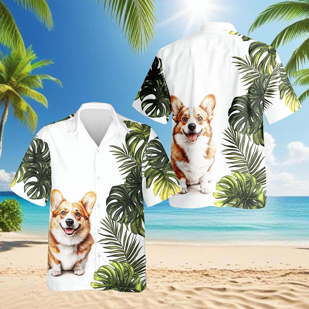 Netecom Tropical Corgi Hawaiian Shirt for Men, Dog Lover Gifts, Corgi Dog Button Down Summer Beach Shirts, S-5XL