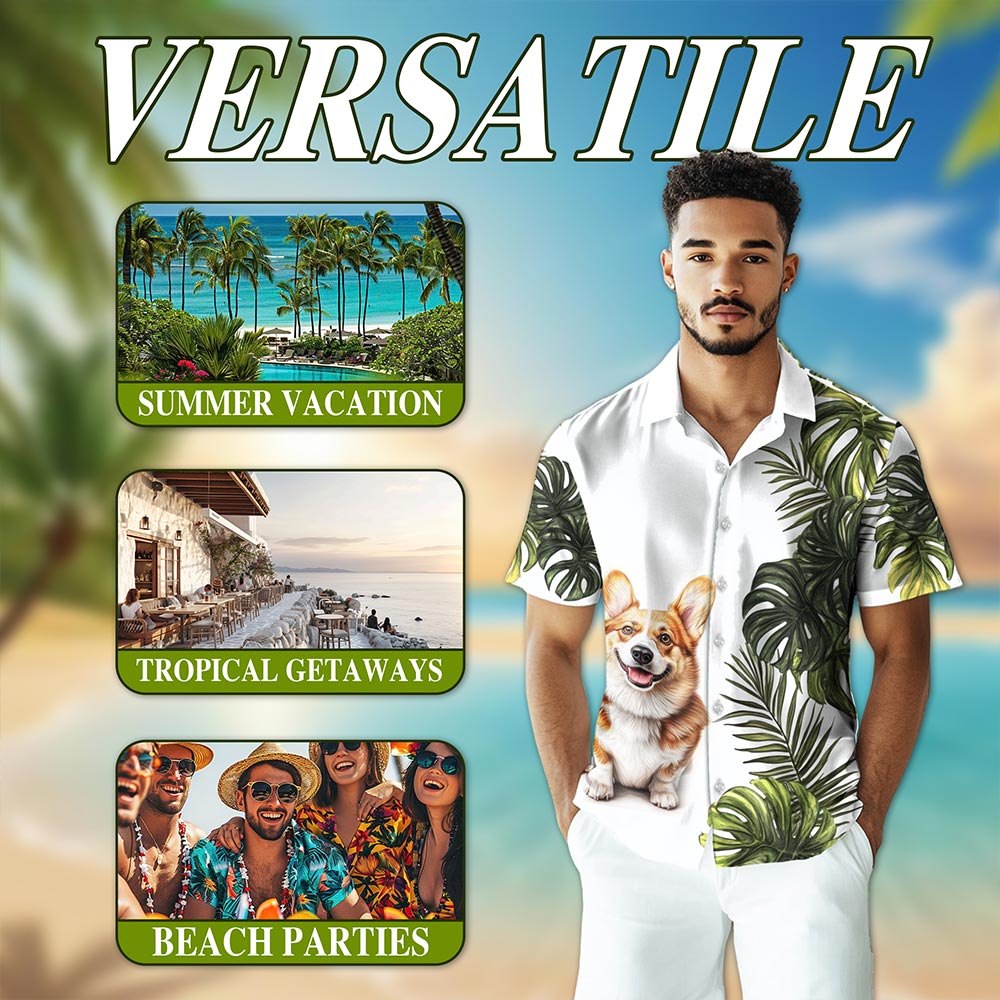 Netecom Tropical Corgi Hawaiian Shirt for Men, Dog Lover Gifts, Corgi Dog Button Down Summer Beach Shirts, S-5XL
